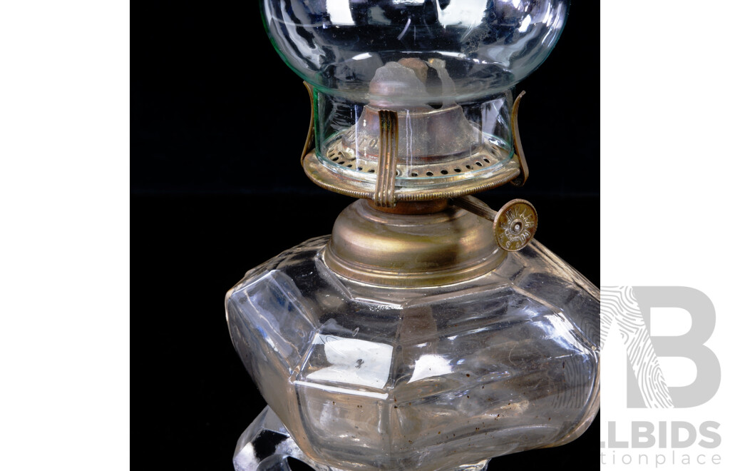 Antique American Miller Victoria Oil Lamp with Hexagonal Glass Font and Glass Flue