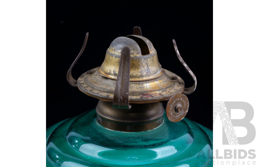 Antique Australian Artcraft Oil Lamp with Ornate Cast Metal Base, Deep Green Glass Font and Glass Flue