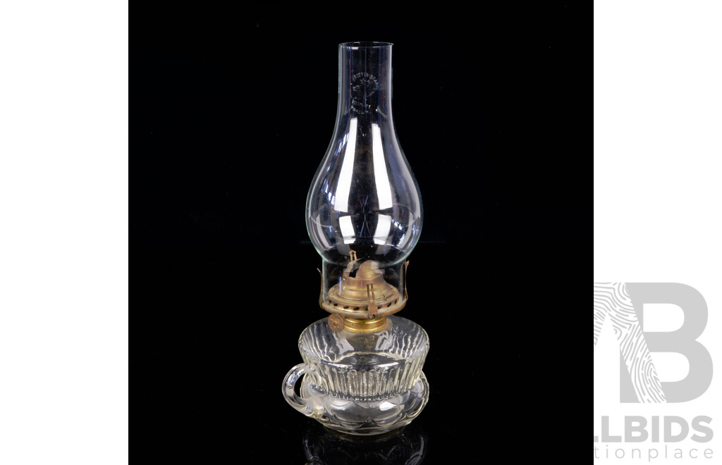 Antique AB Co Oil Lamp of Diminutive Size with Round Ribbed Glass Font & Glass Griffin Brand Flue