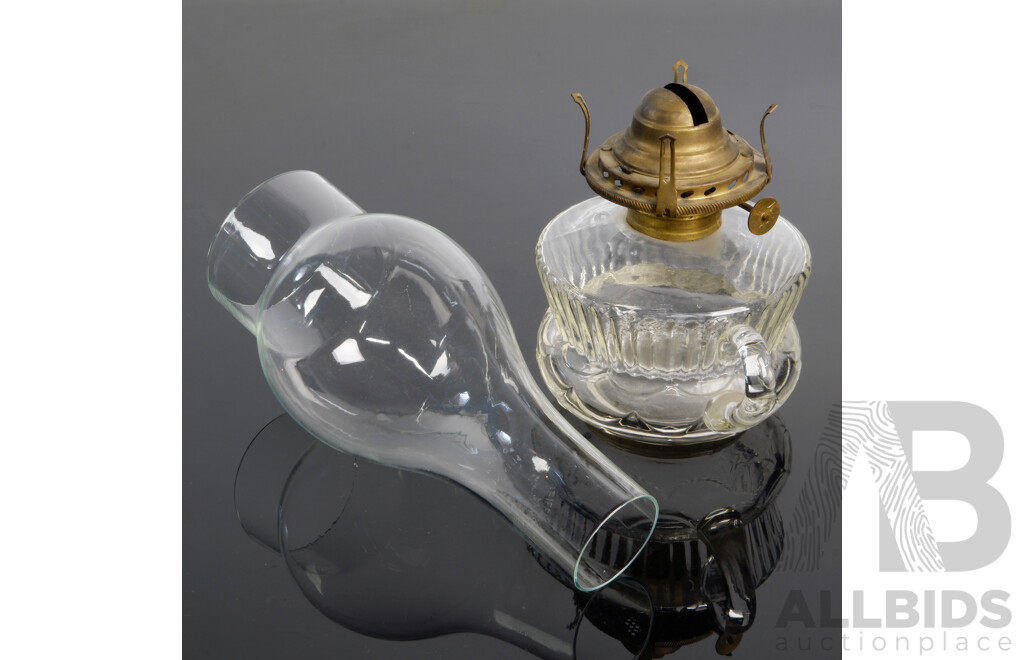 Antique AB Co Oil Lamp of Diminutive Size with Round Ribbed Glass Font & Glass Griffin Brand Flue