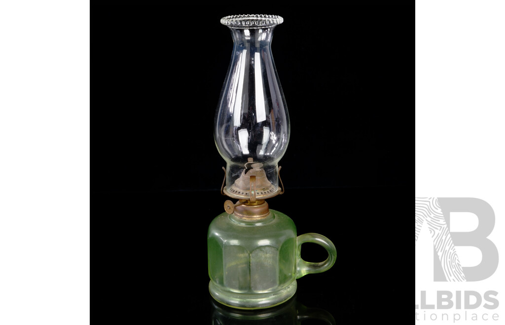 Antique USA Made Miller Oil Lamp of Smaller Size with Green Hexagonal Glass Font and Clear Flue