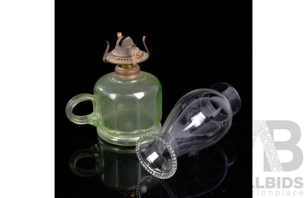 Antique USA Made Miller Oil Lamp of Smaller Size with Green Hexagonal Glass Font and Clear Flue