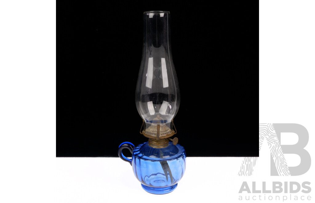 Fantastic Antique USA Made Oil Lamp of Smaller Size with Blue Diagonally Ribbed Glass Font and Clear Flue