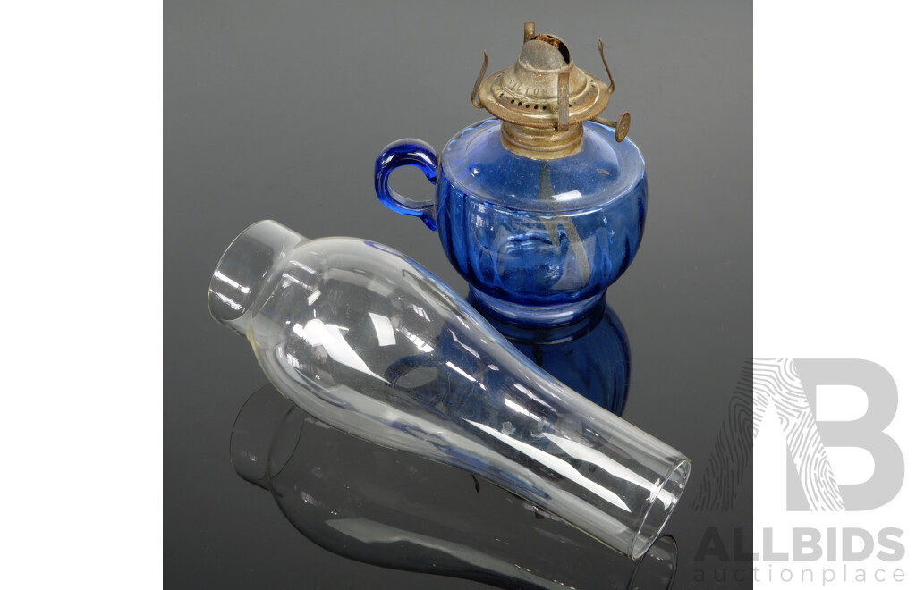 Fantastic Antique USA Made Oil Lamp of Smaller Size with Blue Diagonally Ribbed Glass Font and Clear Flue