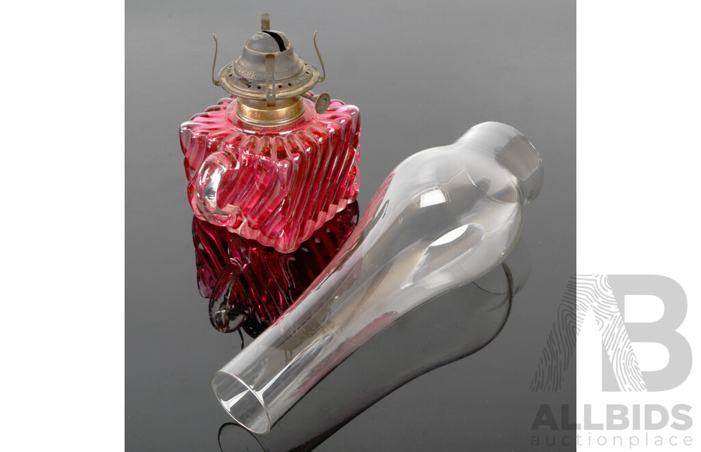 Fantastic Antique USA Made Miller Venus Oil Lamp of Smaller Size with Red Diagonally Ribbed Glass Font and Clear Flue