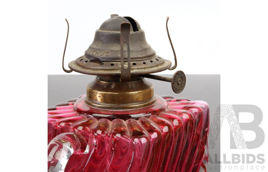 Fantastic Antique USA Made Miller Venus Oil Lamp of Smaller Size with Red Diagonally Ribbed Glass Font and Clear Flue