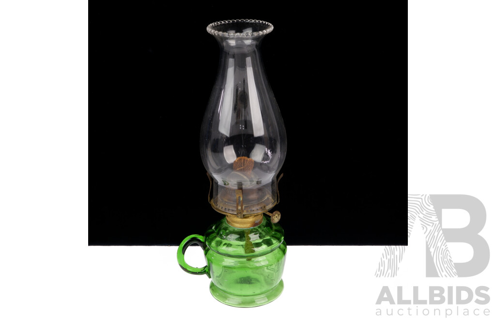 Fantastic Antique Blixten Oil Lamp of Smaller Size with Green Glass Font and Clear Flue with Fluted Rim