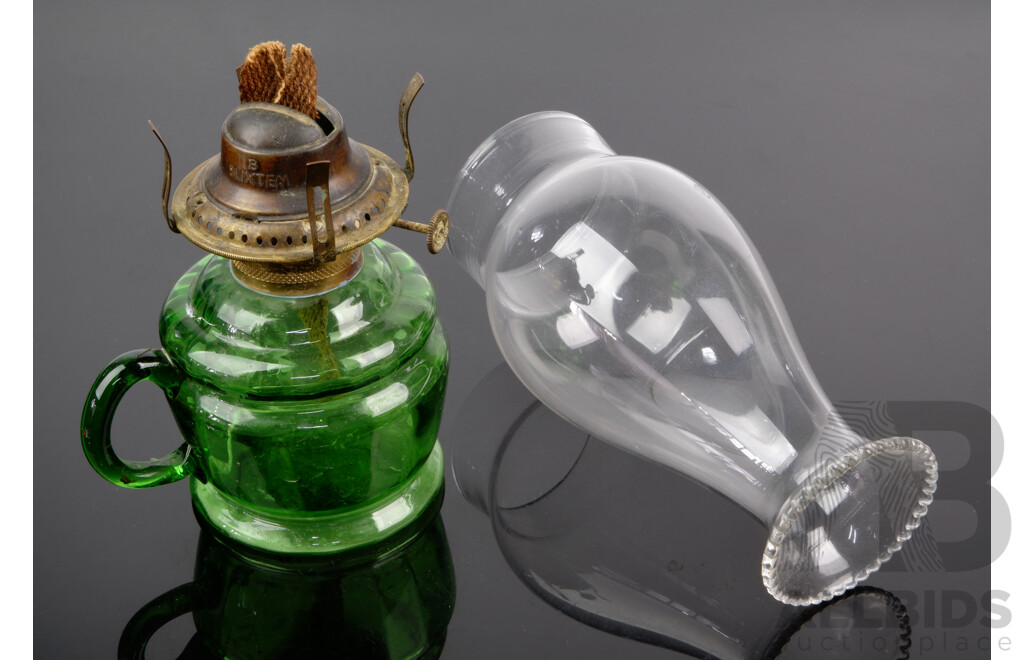 Fantastic Antique Blixten Oil Lamp of Smaller Size with Green Glass Font and Clear Flue with Fluted Rim