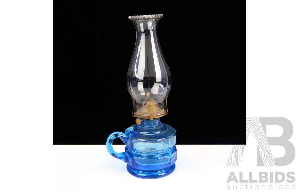 Antique Oil Lamp of Smaller Size with Blue Glass Font and Clear Flue with Fluted Rim