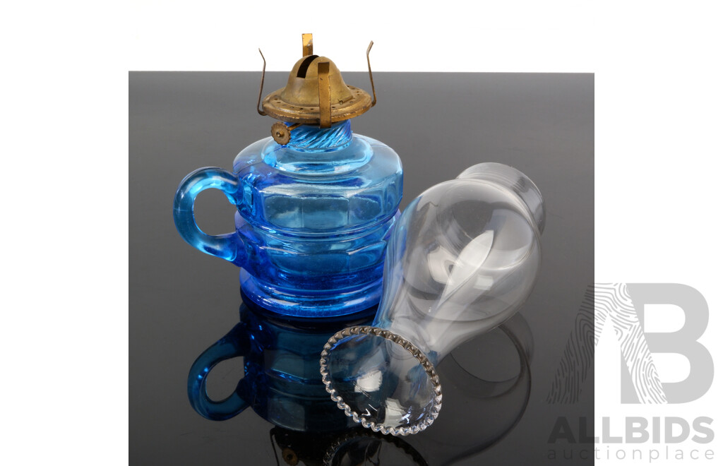 Antique Oil Lamp of Smaller Size with Blue Glass Font and Clear Flue with Fluted Rim