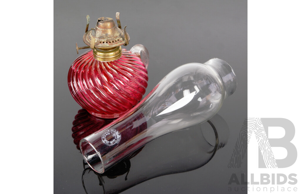 Antique USA Made Britelite Oil Lamp of Smaller Size with Cranberry Diagonally Ribbed Glass Font and Clear Flue