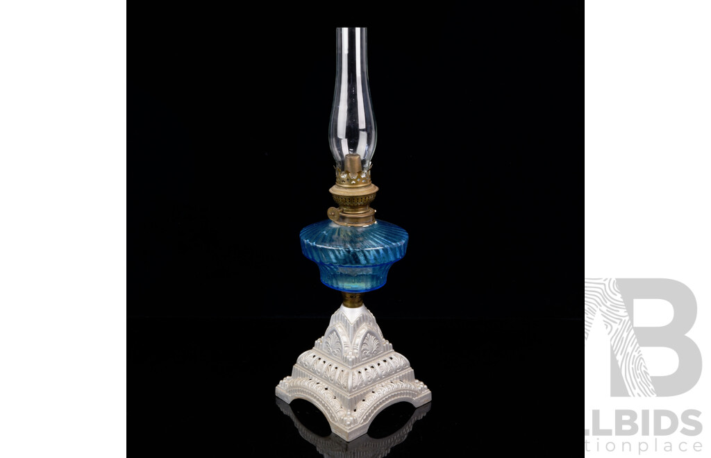 Antique Oil Lamp with Blue Ribbed Glass Font, Ornate Cast Iron Base and Clear Flue