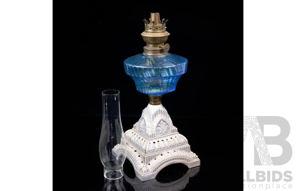 Antique Oil Lamp with Blue Ribbed Glass Font, Ornate Cast Iron Base and Clear Flue