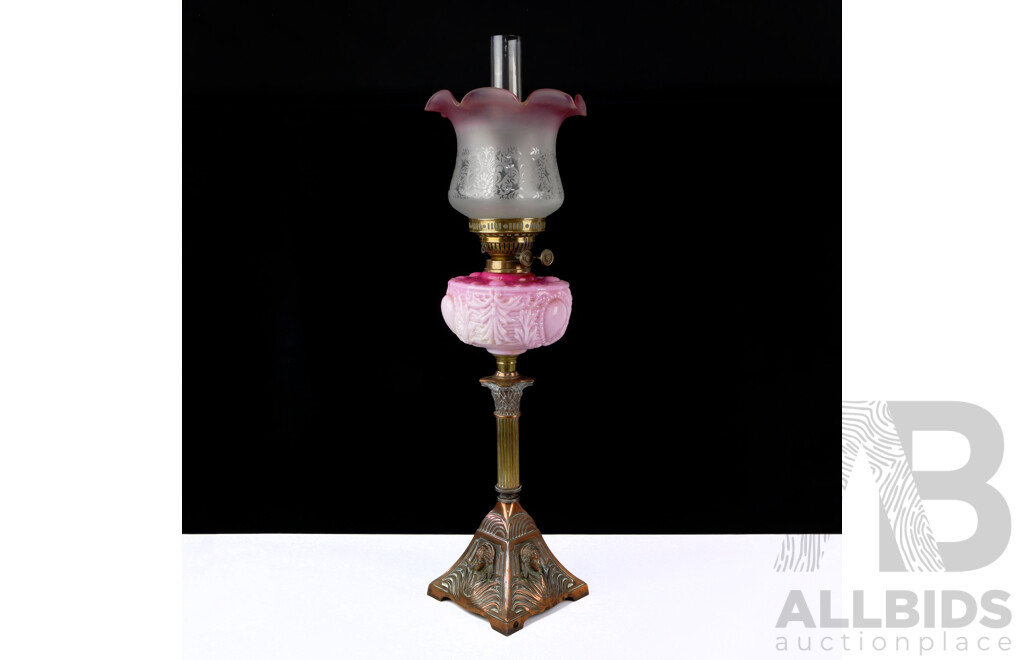 Fantastic Antique Art Nouveau Dual Control Banquet Oil Lamp with Columnar Form Brass & Copper Base, Pink Moulded Glass Font, Glass Chimney and Fluted Shade