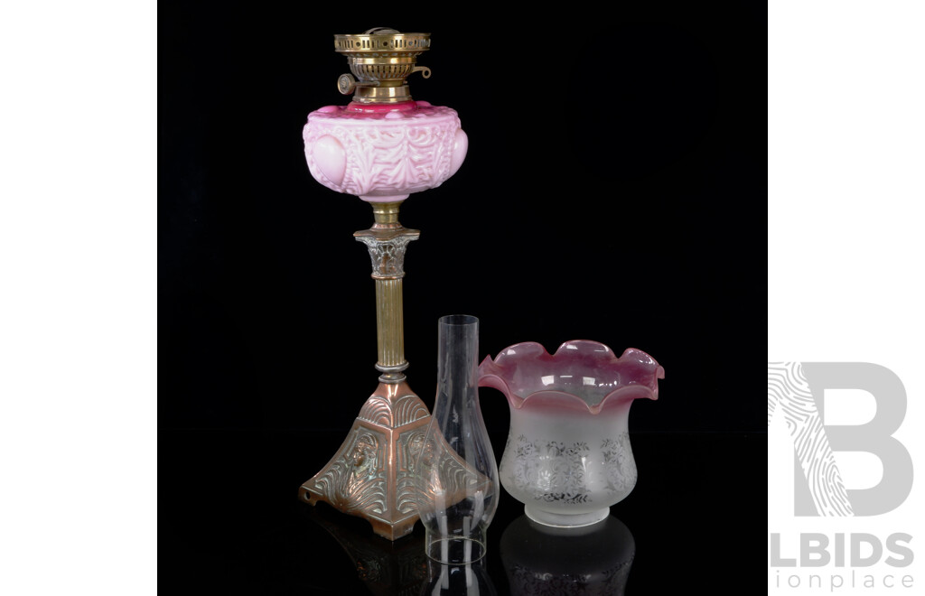 Fantastic Antique Art Nouveau Dual Control Banquet Oil Lamp with Columnar Form Brass & Copper Base, Pink Moulded Glass Font, Glass Chimney and Fluted Shade