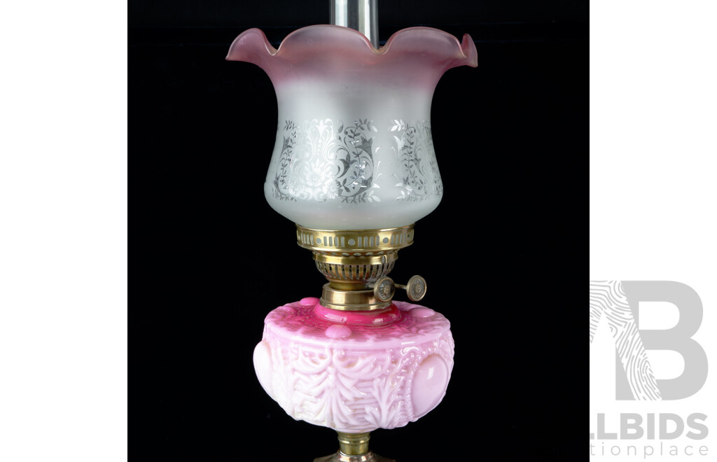 Fantastic Antique Art Nouveau Dual Control Banquet Oil Lamp with Columnar Form Brass & Copper Base, Pink Moulded Glass Font, Glass Chimney and Fluted Shade