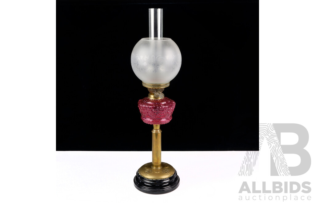 Wonderful Antique Veritas Lamp Works Dual Control Banquet Oil Lamp with Black Glass Base, Brass Art Nouveau Column, Pink Pressed Glass Font with Glass Shade and Flue