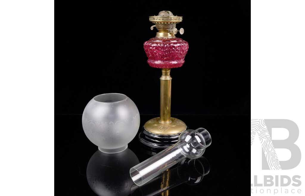 Wonderful Antique Veritas Lamp Works Dual Control Banquet Oil Lamp with Black Glass Base, Brass Art Nouveau Column, Pink Pressed Glass Font with Glass Shade and Flue