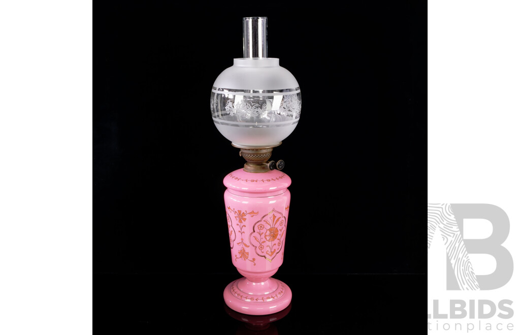 Antique Dual Control Banquet Oil Lamp with Two Piece Pink Glass Body with Glass Shade and Flue