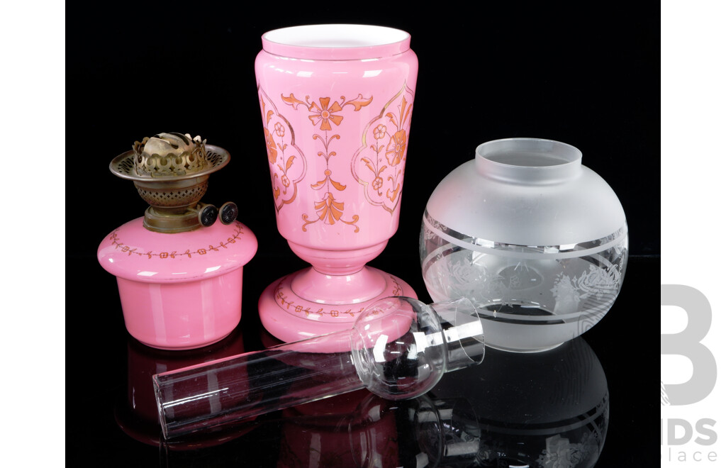 Antique Dual Control Banquet Oil Lamp with Two Piece Pink Glass Body with Glass Shade and Flue