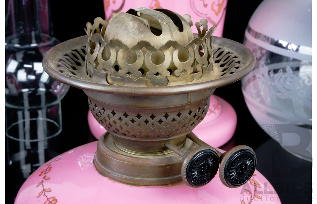 Antique Dual Control Banquet Oil Lamp with Two Piece Pink Glass Body with Glass Shade and Flue