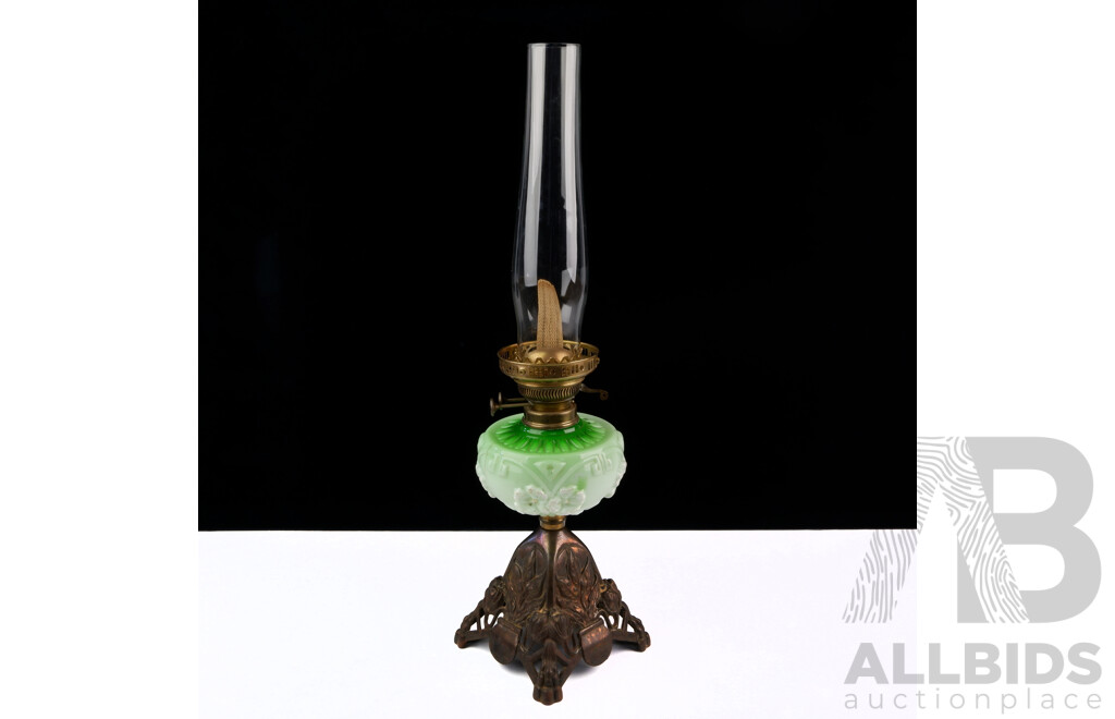 Antique Art Nouveau Dual Control Oil Lamp with Cast Iron Base, Green Glass Font and Flue