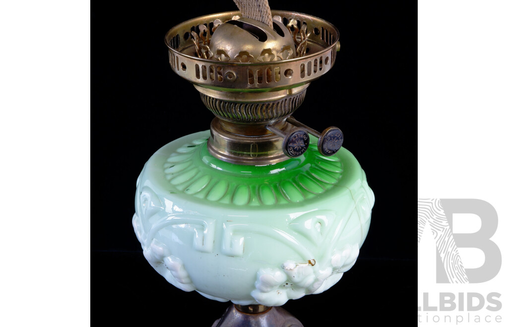 Antique Art Nouveau Dual Control Oil Lamp with Cast Iron Base, Green Glass Font and Flue