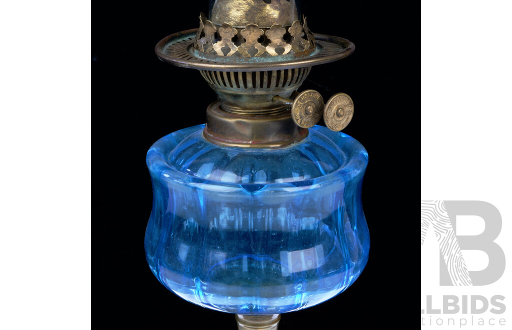 Antique Art Nouveau British Made Oil Lamp with Cast Iron Base, Blue Glass Font and Glass Flue