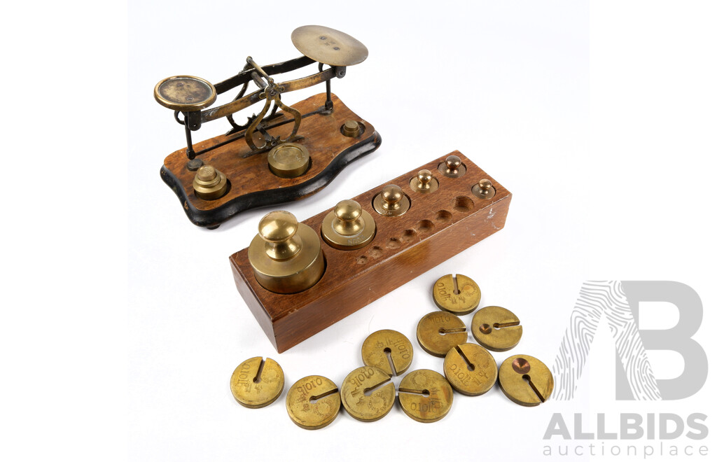 Vintage Brass Postage Scales with Good Selection of Metric and Imperial Weights Including Cussons of Manchester