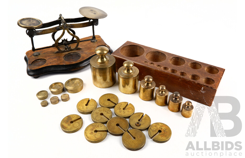 Vintage Brass Postage Scales with Good Selection of Metric and Imperial Weights Including Cussons of Manchester