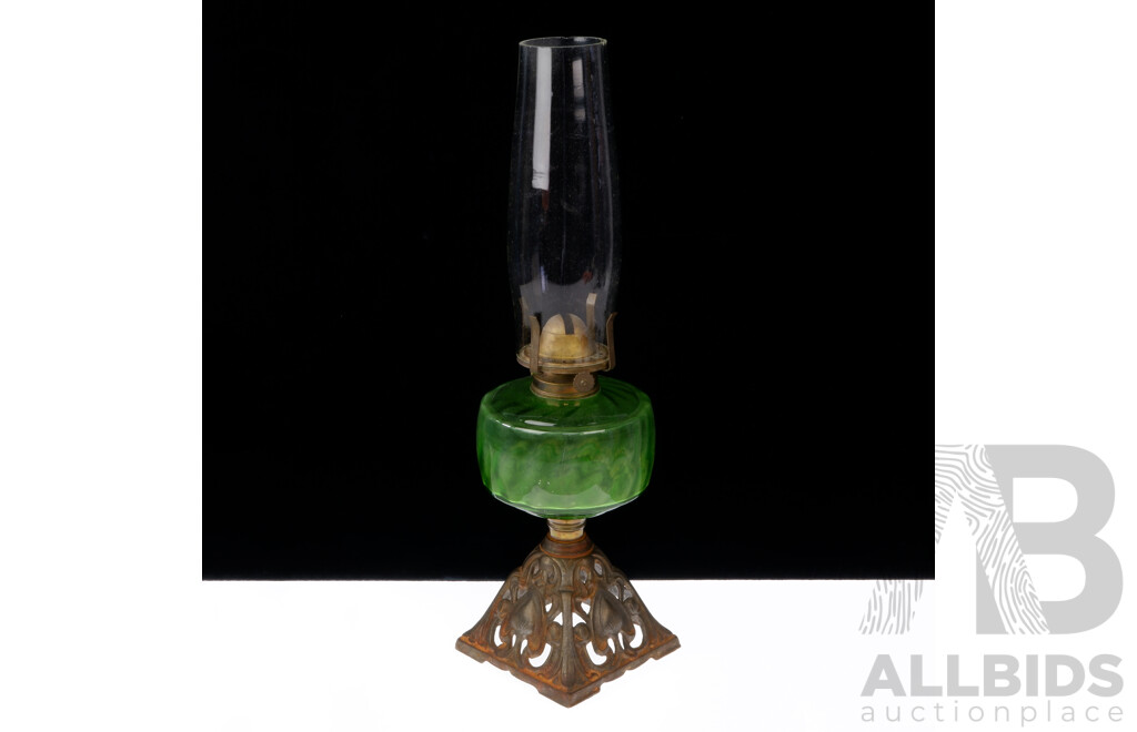 Antique Oil Lamp with Ornate Cast Iron Base, Green Glass Font and Glass Chimney by Appleton, Brisbane