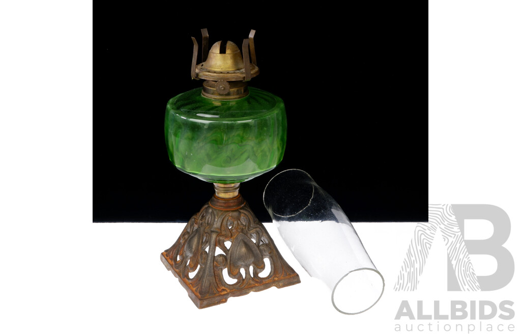 Antique Oil Lamp with Ornate Cast Iron Base, Green Glass Font and Glass Chimney by Appleton, Brisbane