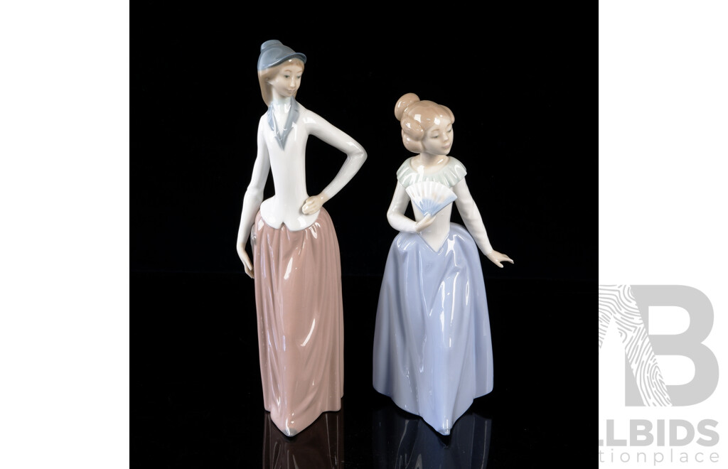 Two Spanish Nao Porcelain Figures Young Lady with Bustle and Bonnet Along with Young Lady with Fan