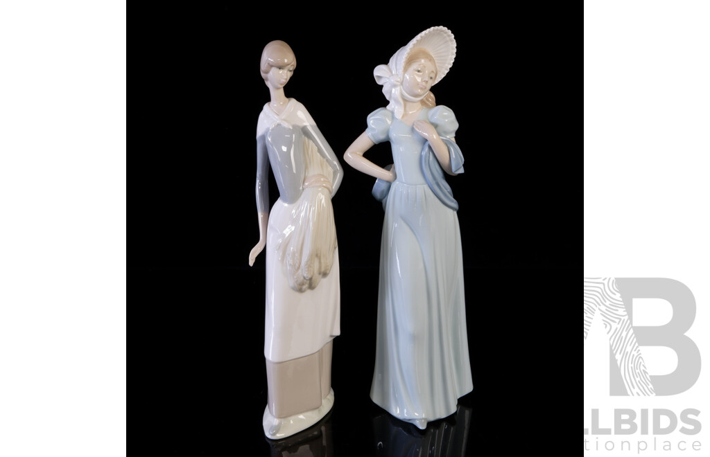 Two Spanish Nao Porcelain Figures Young Lady with Bonnet Along with Young Lady with Wheat Sheaf