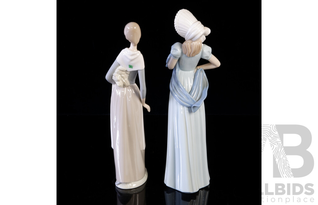 Two Spanish Nao Porcelain Figures Young Lady with Bonnet Along with Young Lady with Wheat Sheaf