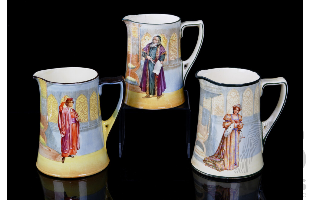 Collection Three Antique Royal Doulton Porcelain Shakespeare Series Jugs Comprising Portia, Katharine & Shylock