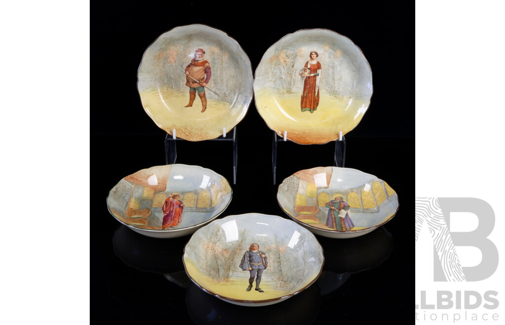 Collection Five Antique Royal Doulton Porcelain Shakespeare Series Bowls Comprising Portia, Hamlet, Anne Page, Shylock & Falstaff