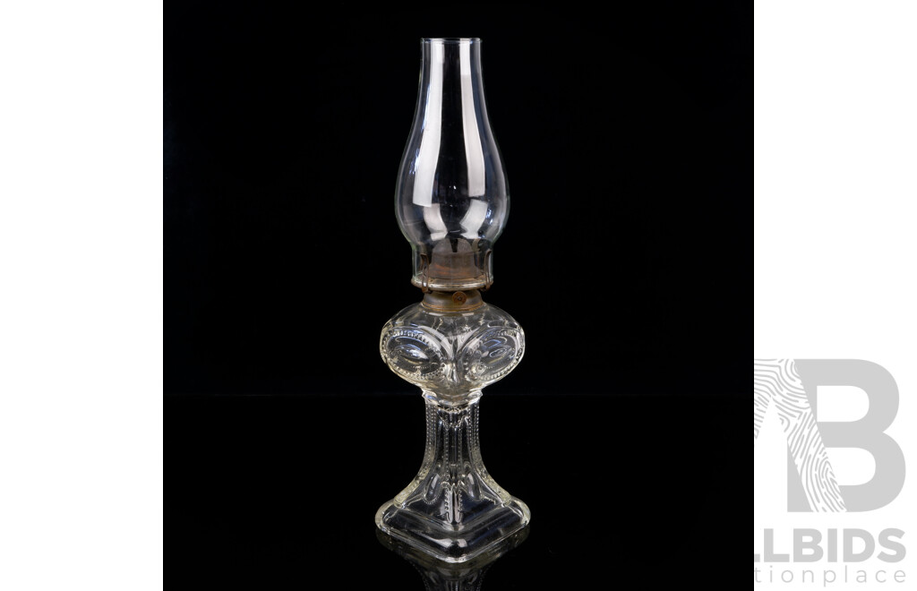 Antique American Oil Lamp with Glass Stem and Font, with Glass Chimney by Brite Lite