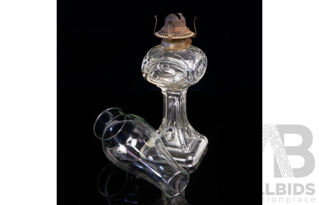 Antique American Oil Lamp with Glass Stem and Font, with Glass Chimney by Brite Lite