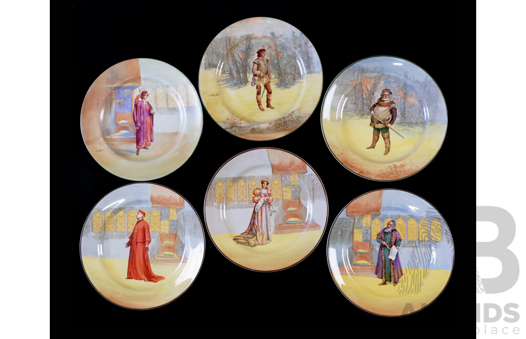 Collection Six Antique Royal Doulton Porcelain Shakespeare Series Mains Plates Comprising Wolseley, Katharine,Shylock, Orlando, Falstaff & Portia