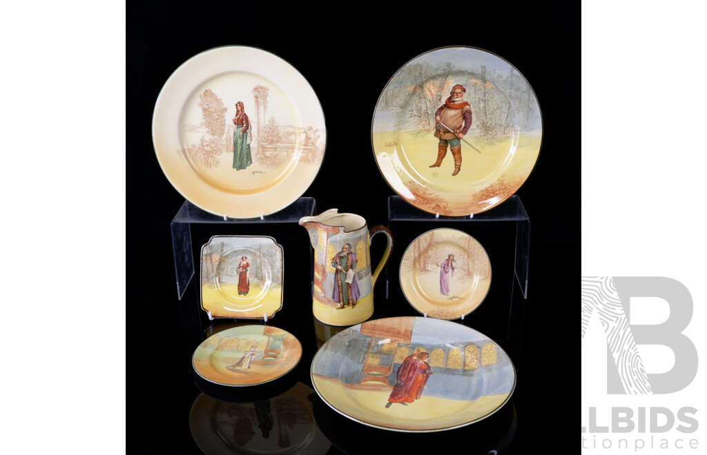 Collection Seven Antique Royal Doulton Porcelain Shakespeare Series Pieces Including Shylock Jug, Mains Plate Examples Portia, Falstaff, Juliet, Small Plates Anne Page, Ophelia & Katharine