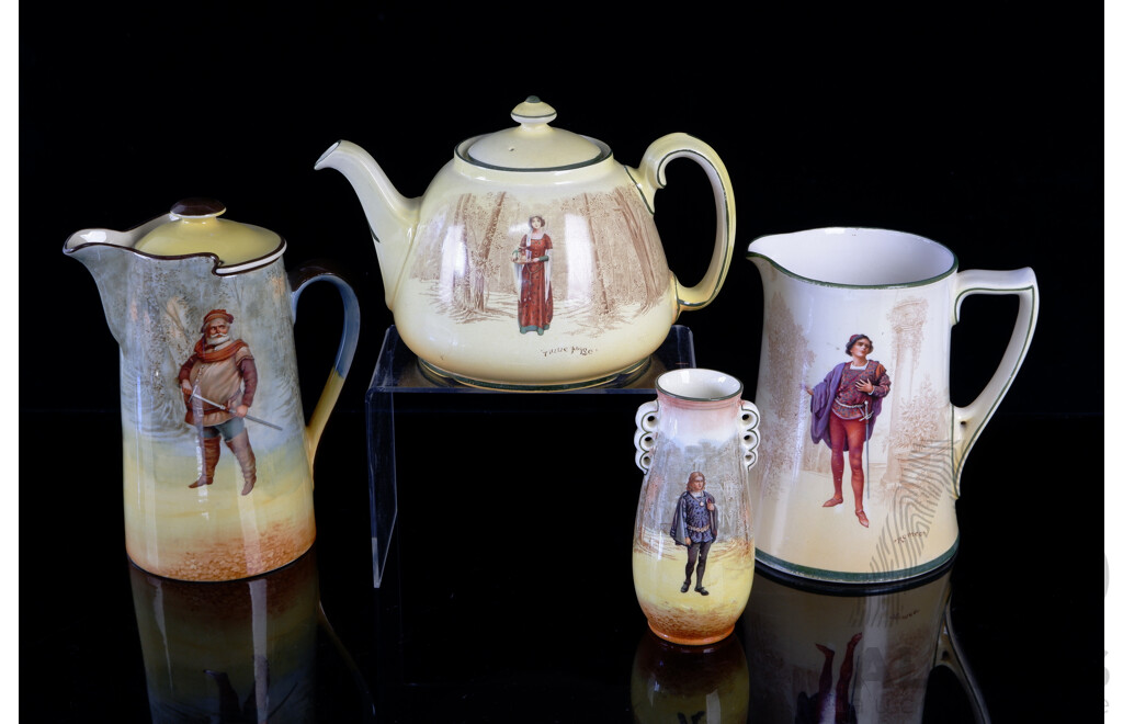 Collection Four  Antique Royal Doulton Porcelain Shakespeare Series Pieces Comprising Romeo Jug, Falstaff Lidded Coffee Pot, Anne Page Lidded Teapot & Hamlet Twin Handled Vase