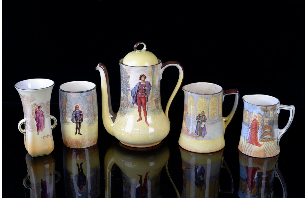 Nice Collection Five Antique Royal Doulton Porcelain Shakespeare Series Pieces Comprising Wolseley Jug, Falstaff Jug, Romeo Lidded Coffee Pot, Portia Twin Handled Vase & Hamlet Beaker