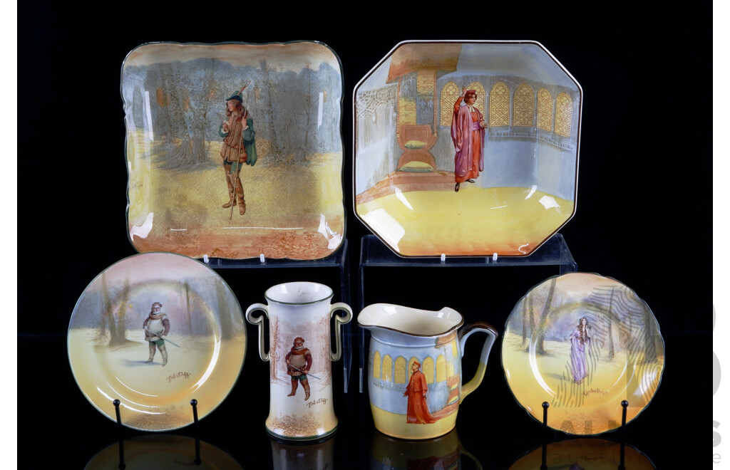 Nice Collection Six Antique Royal Doulton Porcelain Shakespeare Series Pieces Comprising Wolseley Jug, Falstaff Twin Handled Vase, Ophelia & Falstaff Side Plates, Portia Octagonal Bowl & Rosalind Square Plate