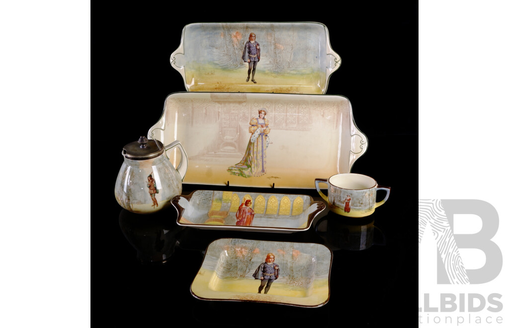 Nice Collection Six Antique Royal Doulton Porcelain Shakespeare Series Pieces Comprising Large Katharine Platter, Hamlet Platter, Portia Platter, Hamlet Rectangle Plate, Rosalind Lidded Creamer & Anne Page Sugar Dish