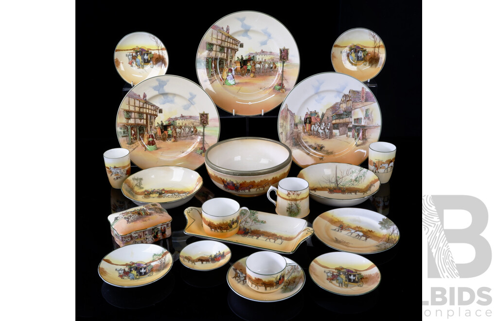 Collection 20 Pieces Antique Royal Doulton Porcelain Coaching Days Series Pieces Including Silver Plate Rimmed Serving Bowl and More