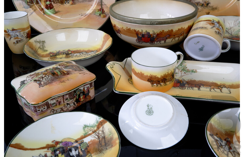 Collection 20 Pieces Antique Royal Doulton Porcelain Coaching Days Series Pieces Including Silver Plate Rimmed Serving Bowl and More