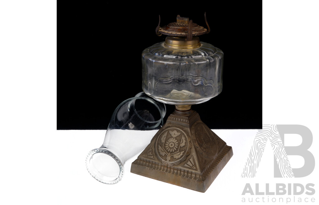 Antique Australian Oil Lamp with Ornate Cast Iron Stem, Glass Front, with Ruffled Rim Glass Chimney 