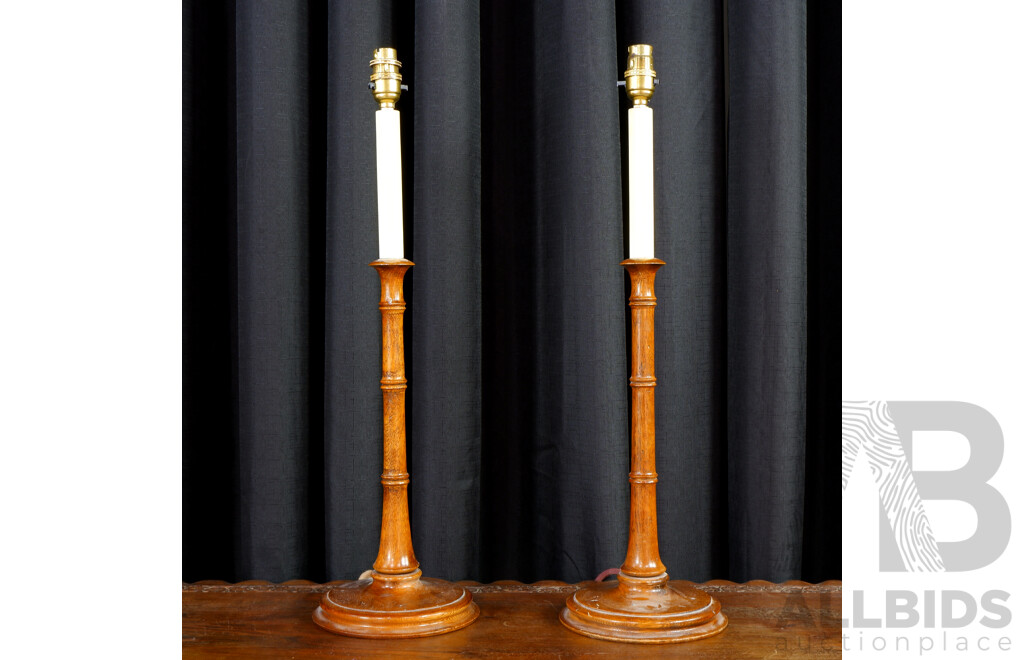 Pair of Turned Oak Candle Stick Form Table Lamps