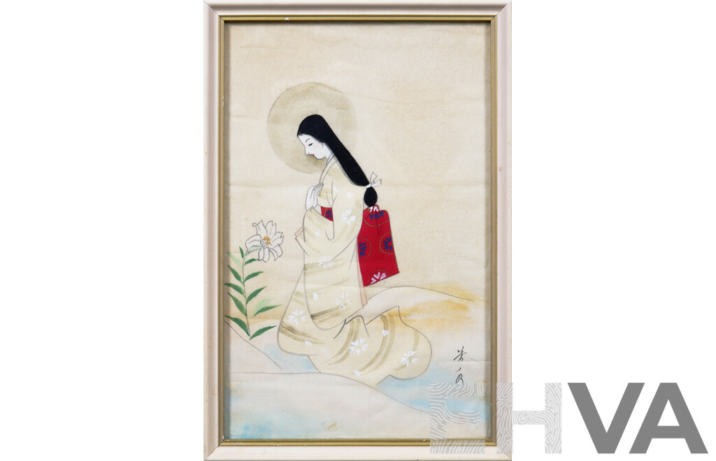 Mid-20th Century, Japanese Madonna Kneeling in Contemplation Prayer, Hand Painted Colour on Silk, 32 X 20 Cm (image)